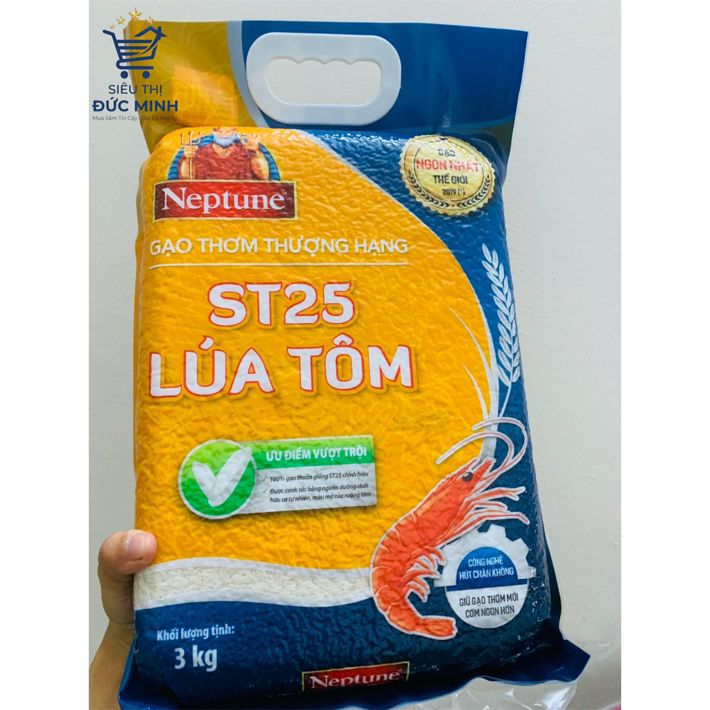 Gạo Neptune ST25 Lúa Tôm 3kg - Gạo Thơm Thượng Hạng ST25  Hạt Dài Dẻo Mềm, Túi 3kg