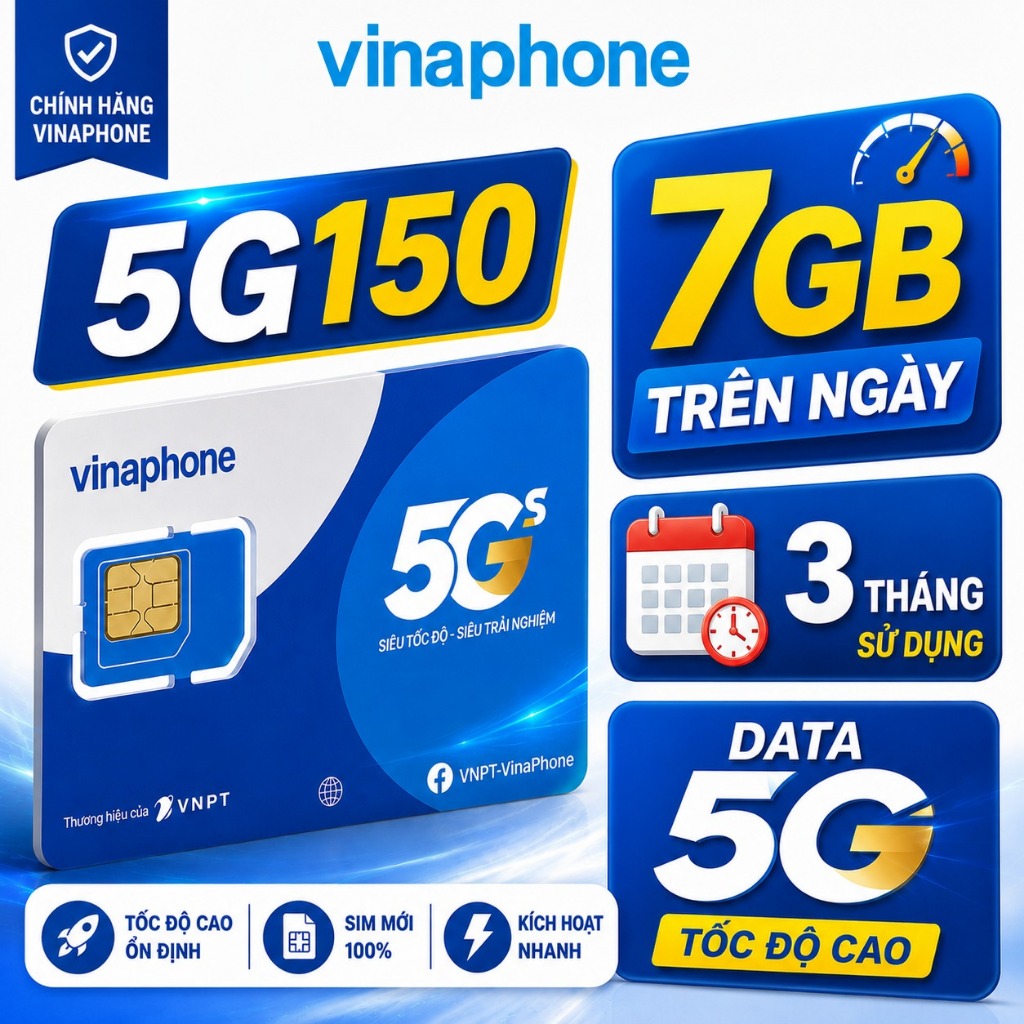 Sim VinaPhone 5G150 Trọn Gói 3 Tháng – 7GB/Ngày (630GB Data), Không Cần Nạp Tiền, Lướt 5G Tốc Độ Cao
