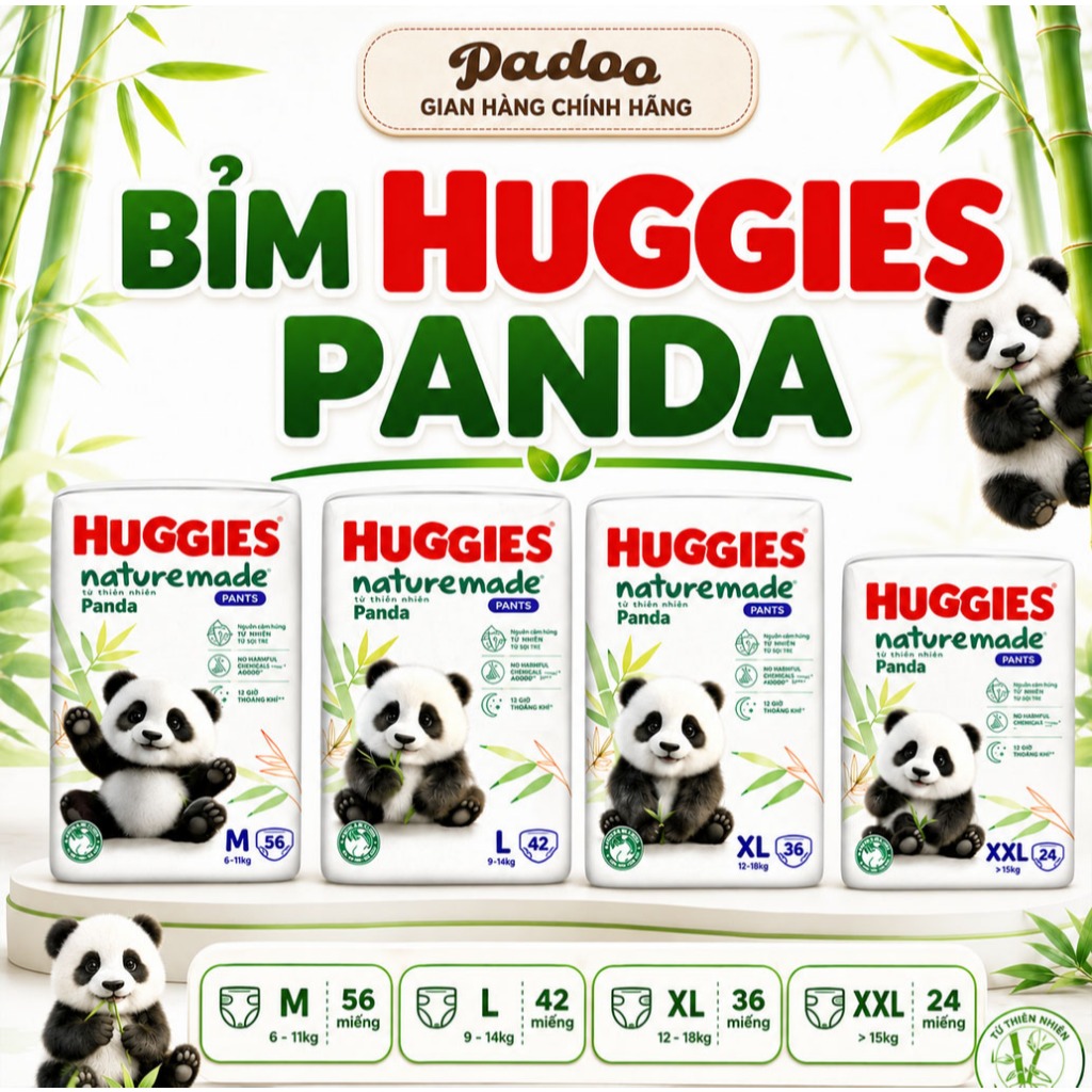[ Huggies Naturemade PANDA ] COMBO 4 bịch tã/bỉm bề mặt sợi tre thiên nhiên, an toàn cho bé - DADOO
