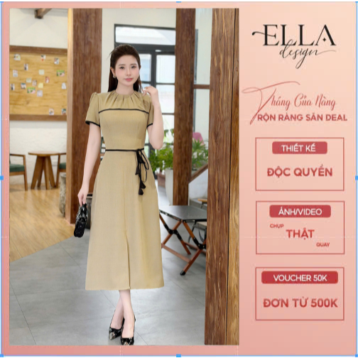 Váy Đầm Thiết Kế Ella Desgin dành cho nữ kiểu dáng midi, tay ngắn, cổ lọ phối dây đai buộc hoa may l