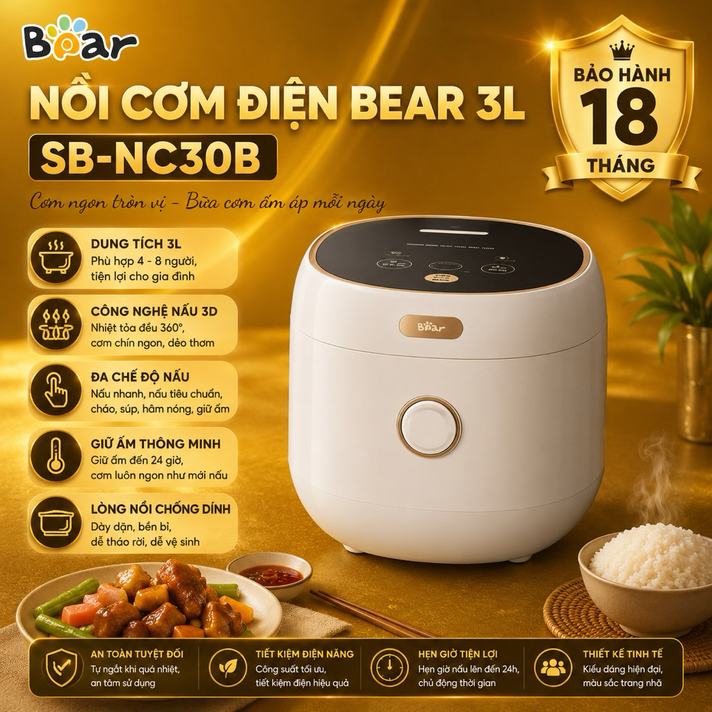 Nồi Cơm Điện Bear SB-NC30B 3L Điện Tử 6 Chế Độ Nấu Hẹn Giờ Giữ Ấm BH Chính Hãng 18 Tháng