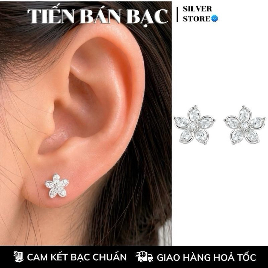 Bông tai nữ hoa 5 cánh đá lượn chốt đẩy Cz nhập khẩu bạc  S925 ML018
