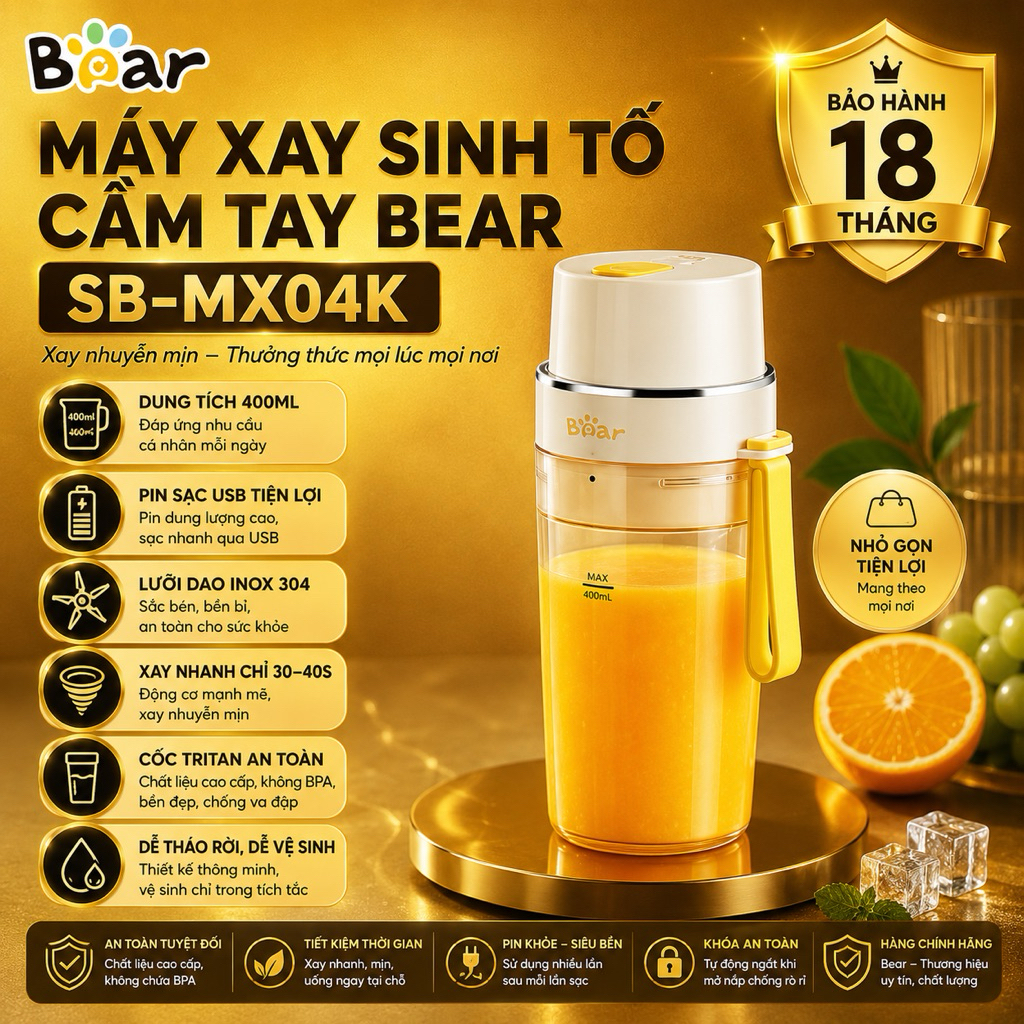 Máy Xay Sinh Tố Cầm Tay Bear SB-MX04K 400ml Tích Điện Xay Đá 12 Lưỡi Dao Inox BH 18 Tháng