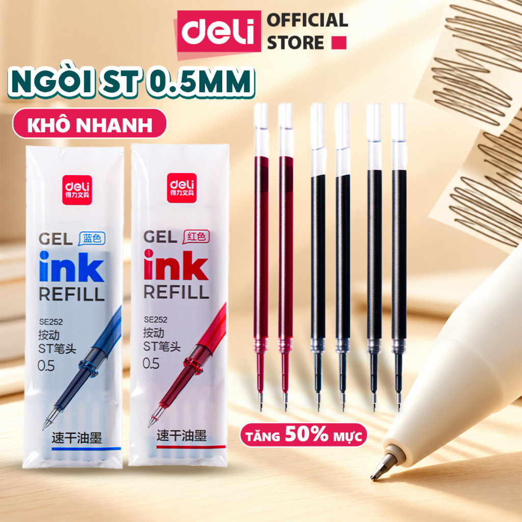 Túi 5 Ngòi ST Deli 0.5mm SE252 Thay Cho Bút Gel EG299 EG104 EG08S SA256 Mực Xanh Đen Đỏ Mau Khô