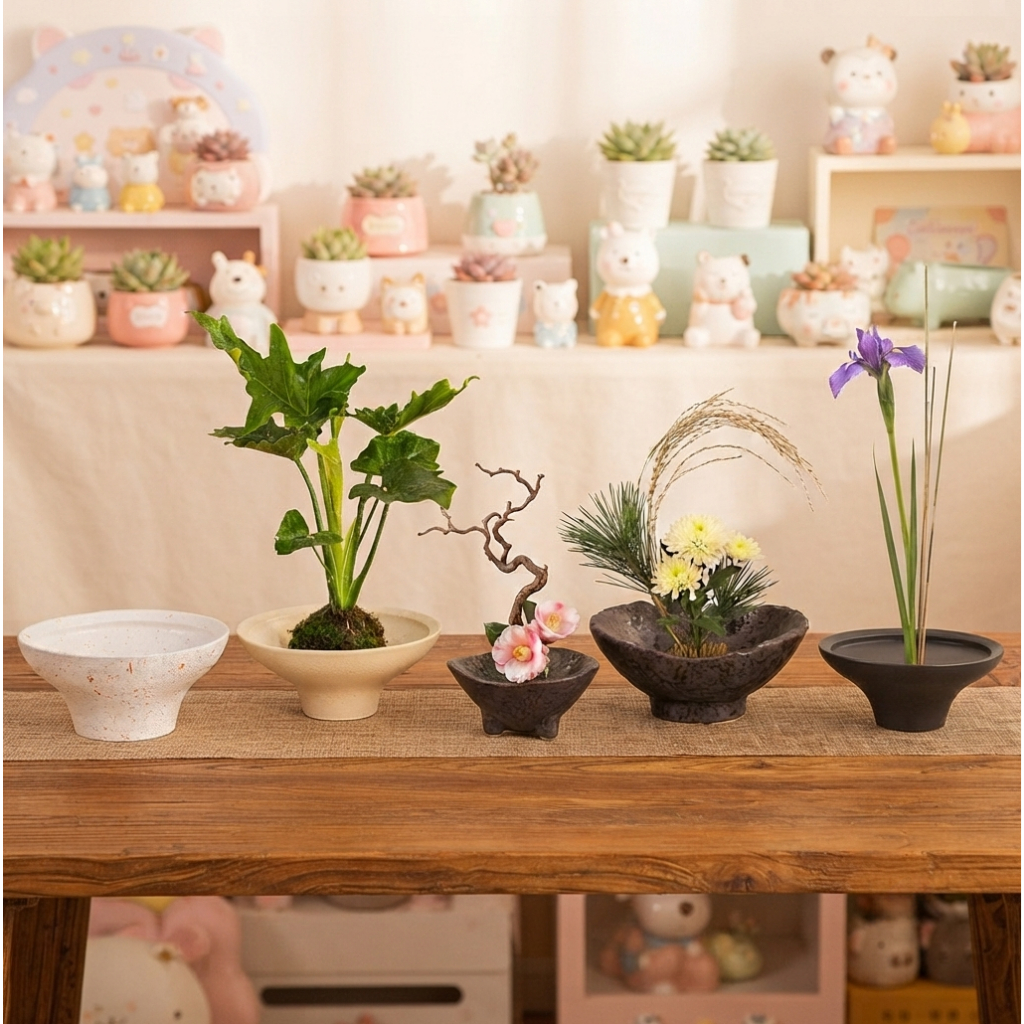chậu cắm bonsai ikebana đĩa có chân dáng cao IKE8 thích hợp bày hoa quả trang trí