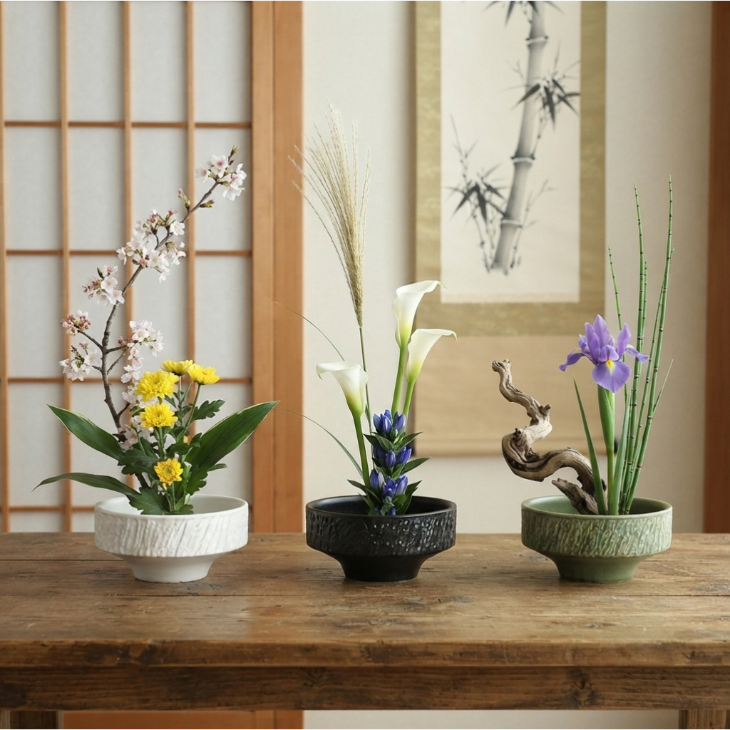chậu cắm bonsai ikebana chậu đen trắng xanh IKE14 thích hợp bày hoa quả trang trí 12,5cm