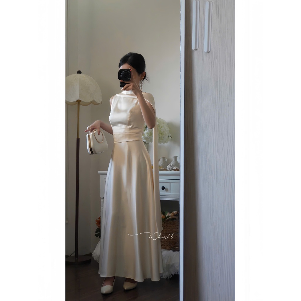 |Khositl| “Eleanor Dress” đầm lụa choàng cổ dự tiệc sang trọng cho quý cô cổ điển (kem/đen), đầm lụa