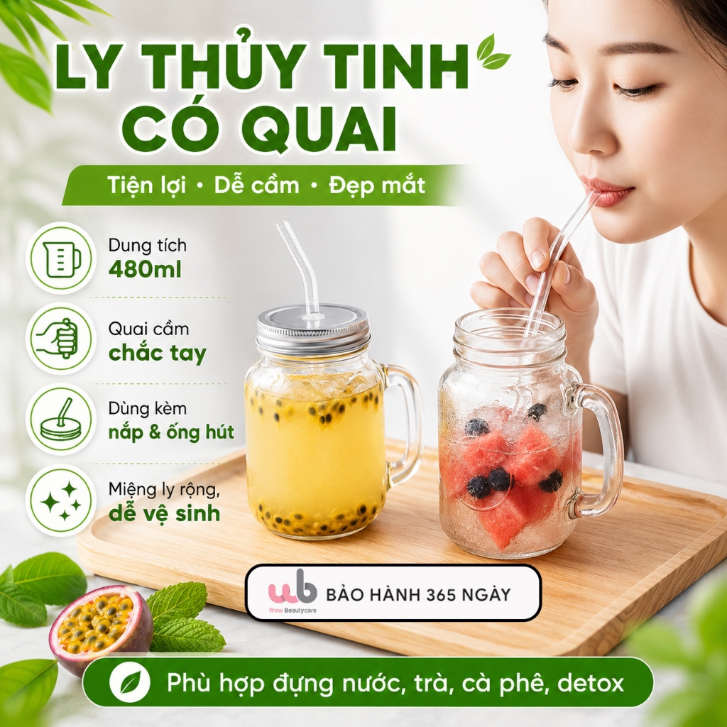 Ly thủy tinh có quai 480ml nắp thiếc tiện lợi, đựng nước ep, trà sữa, cà phê