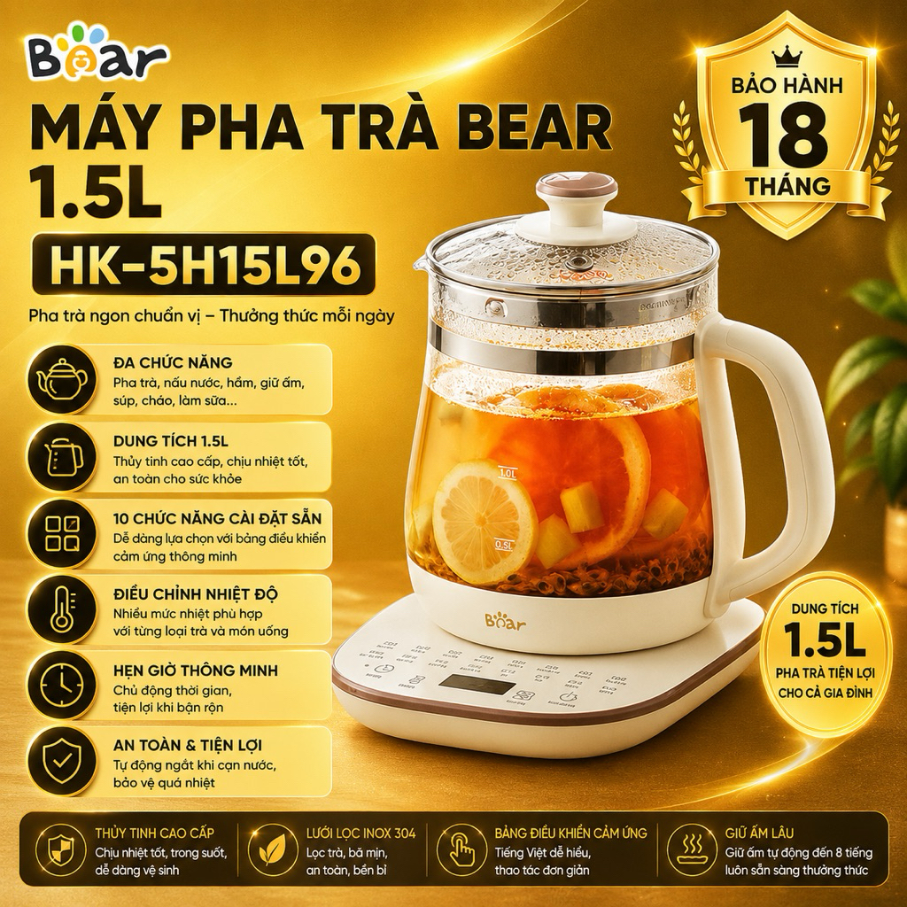 Máy Pha Trà Bear HK-5H15L96 1.5L 16 Chế Độ Đun Nấu Đa Năng Giữ Ấm 24H BH 18 Tháng