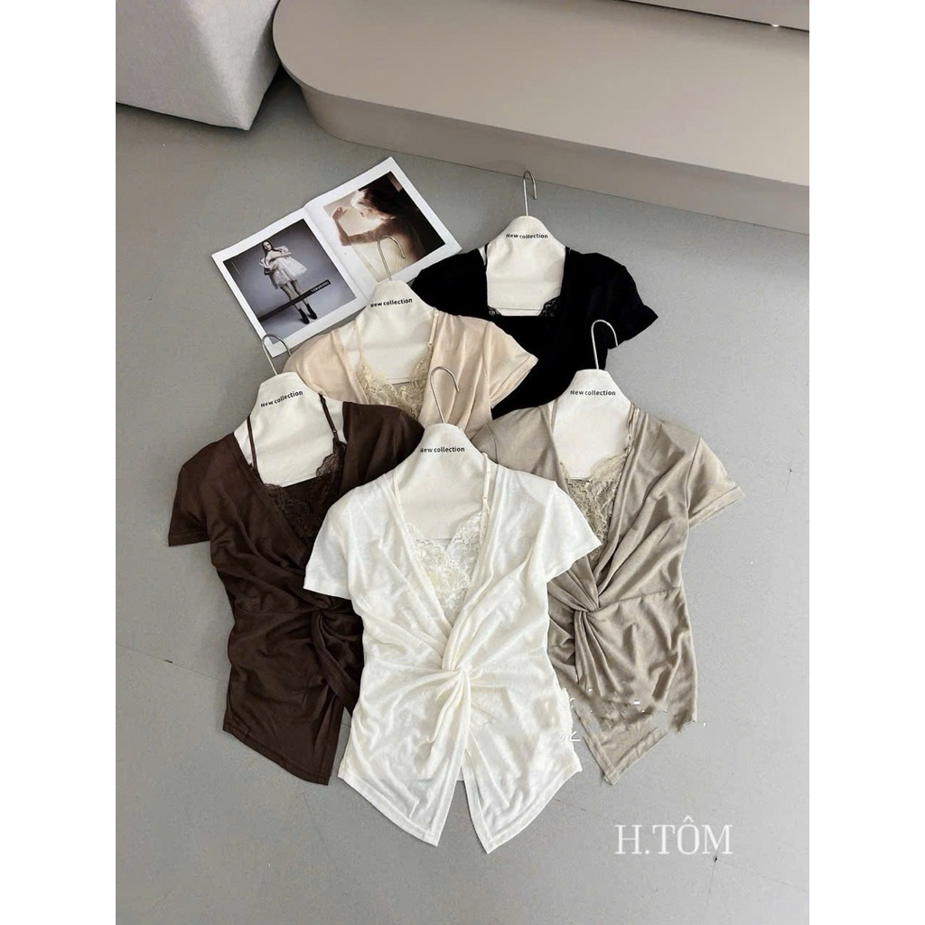 Áo phông xoắn eo cổ ren Quảng Châu 6270