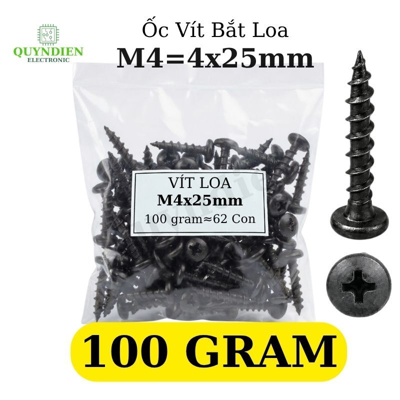 [Túi 100 Gram] Vít Bắt Thùng Loa M4 = 4x25mm Đầu Dù Ren Thưa Taiwan Chuyên Dùng Bắt Gỗ, Loa, Nhựa