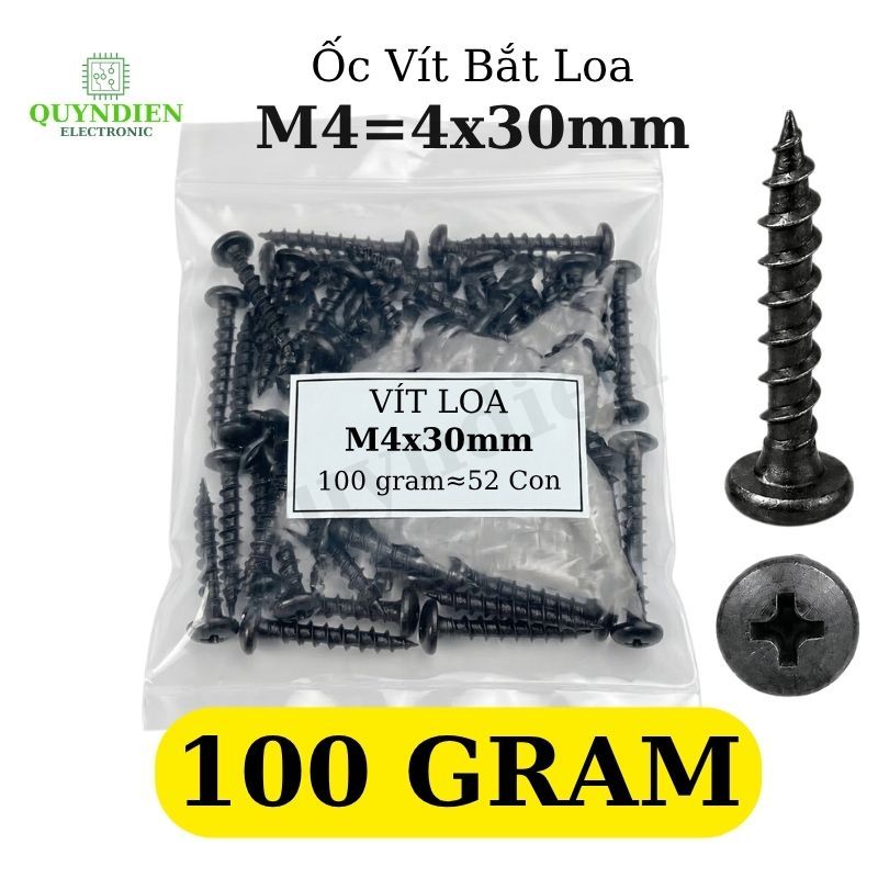 [Túi 100 Gram] Vít Bắt Thùng Loa M4 = 4x30mm Đầu Dù Ren Thưa Taiwan Chuyên Dùng Bắt Gỗ, Loa, Nhựa