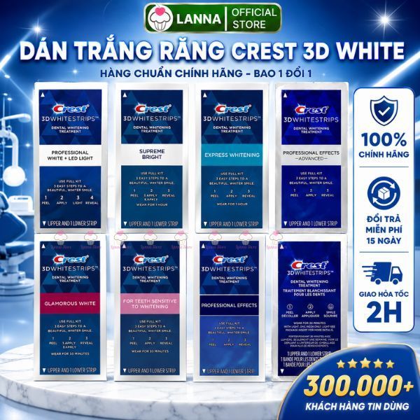 【CHÍNH HÃNG+1 GÓI LẺ】Miếng dán trắng răng Crest 3D White - Mỹ ( Flexfit/Effects/Glamorous / 1 hour )