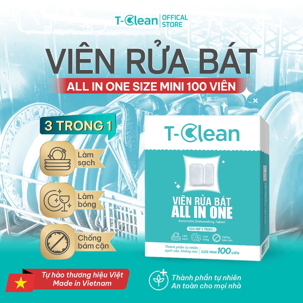 Viên rửa bát mini all in one T-Clean 100v/8g/v TP tự nhiên, không mùi nồng, viên rửa cho máy rửa bát