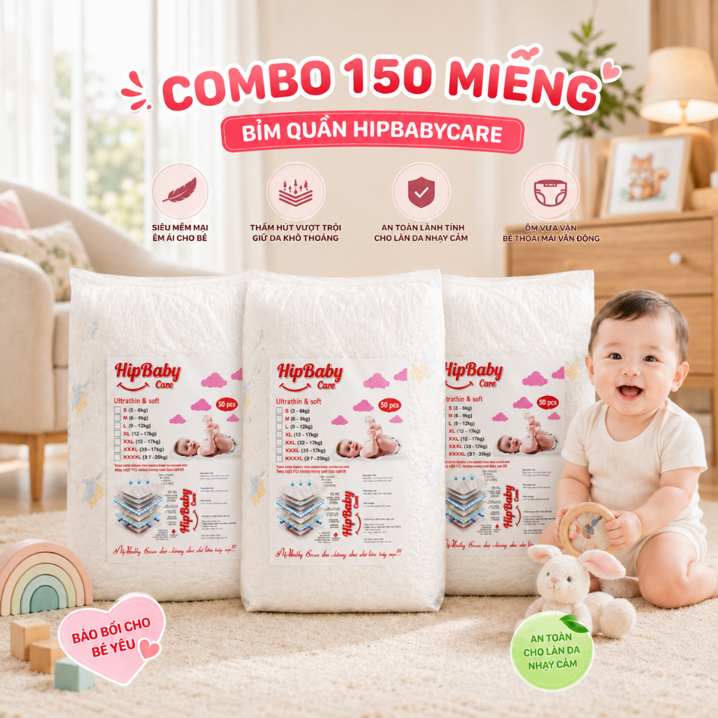 HipBaby Combo 3 bịch(150 miếng) bỉm quần, đủ size cho bé thấm hút tốt, bỉm ngày mỏng nhẹ