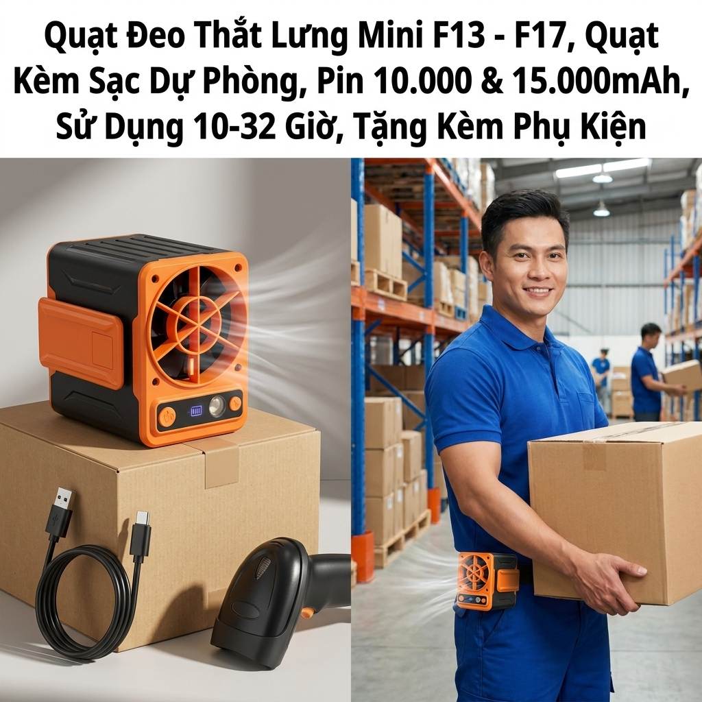 Quạt Đeo Hông Mini F13 F17 Quạt Đeo Thắt Lưng Pin 10000mAh 15000mAh Gió Mạnh Nhiều Mức Gió