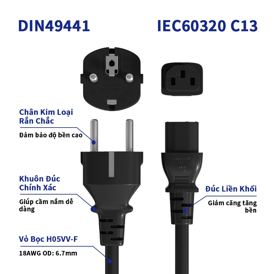 Dây Nguồn Máy Tính 2 Chân CEE7/7-C13 VCABLE  VP-01 | H05VVF 0.75mm2 3C OD6.7 màu đen | BH 12T chuẩn 
