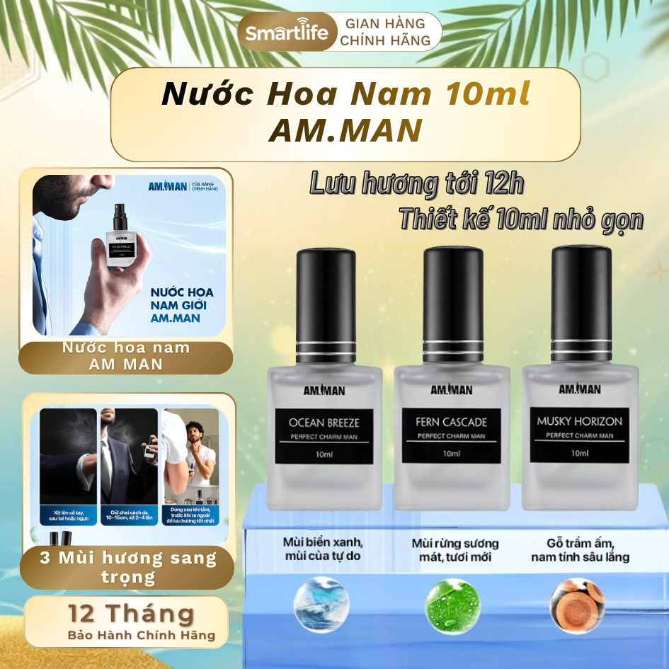 AM.MAN Bộ 3 Nước Hoa Nam 10ml Lưu Hương 12h - Mùi Hương Sang Trọng Ocean Breeze, Fern Cascade, Musky