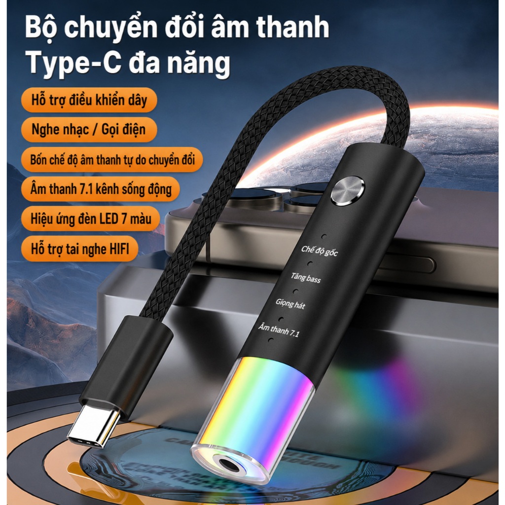Bộ chuyển đổi âm thanh 7.1 Sound Card TypeC sang 3.5mm gaming chơi game Pubg, Freefire