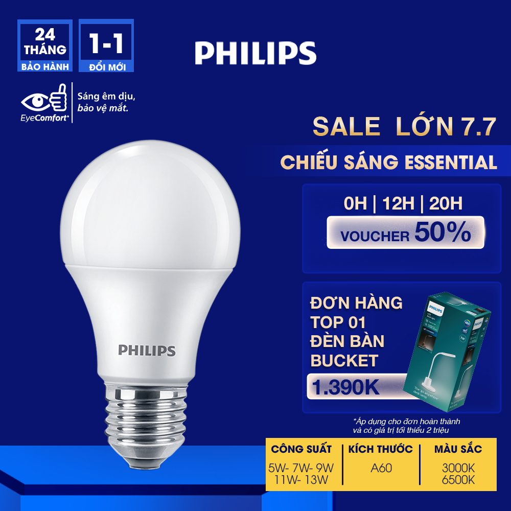 Bộ 03 bóng LED PHILIPS bulb Essential E27 11W ánh sáng trắng 6500K