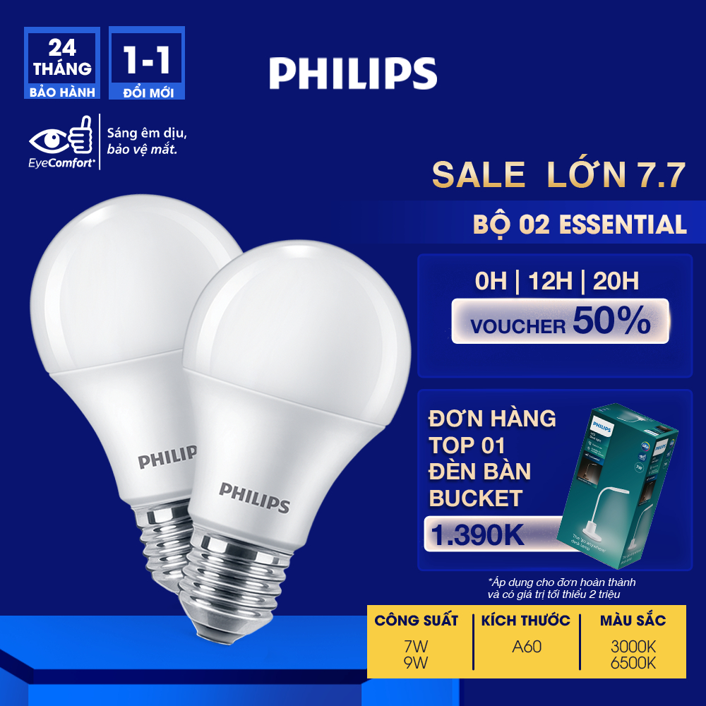 Bóng đèn LED Philips A60 - 6W, Ánh sáng ấm, E27, Kích thước 12.2cm, Trọng lượng 0.065kg