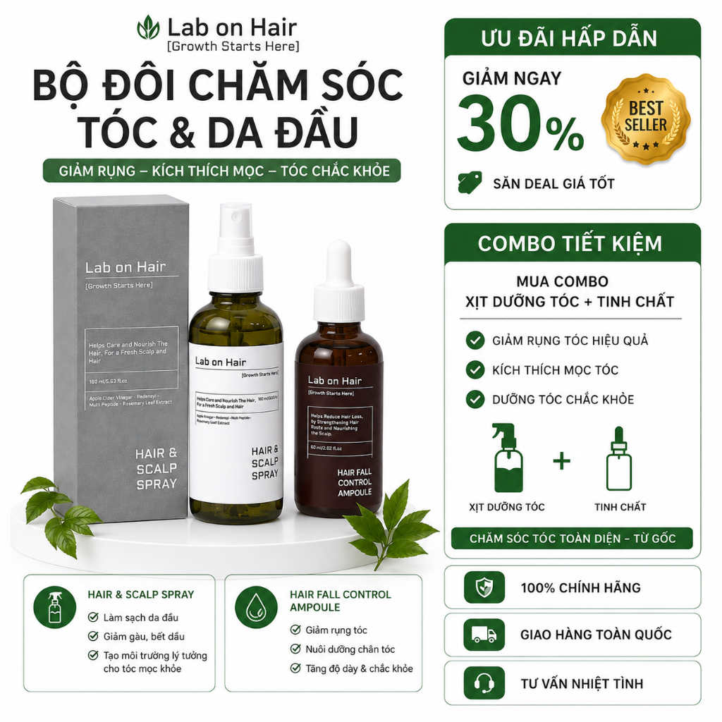Lab On Hair Hair & Scalp Spray 160ml + Hair Fall Control Ampoule 60ml Cho Da Đầu Dầu, Tóc Dễ Rụng