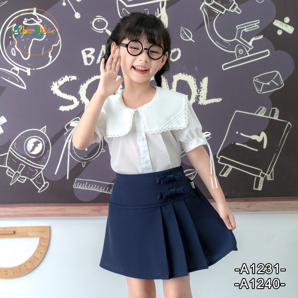 Áo sơ mi trắng bé gái ALBERKIDS học sinh đi học cách điệu A1231