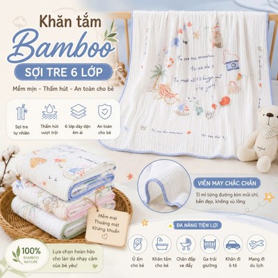 Khăn tắm cho bé Bunny vải bông tre 6 lớp sợi tre đa năng làm khăn quấn, chăn mỏng kích thước 1mx1m