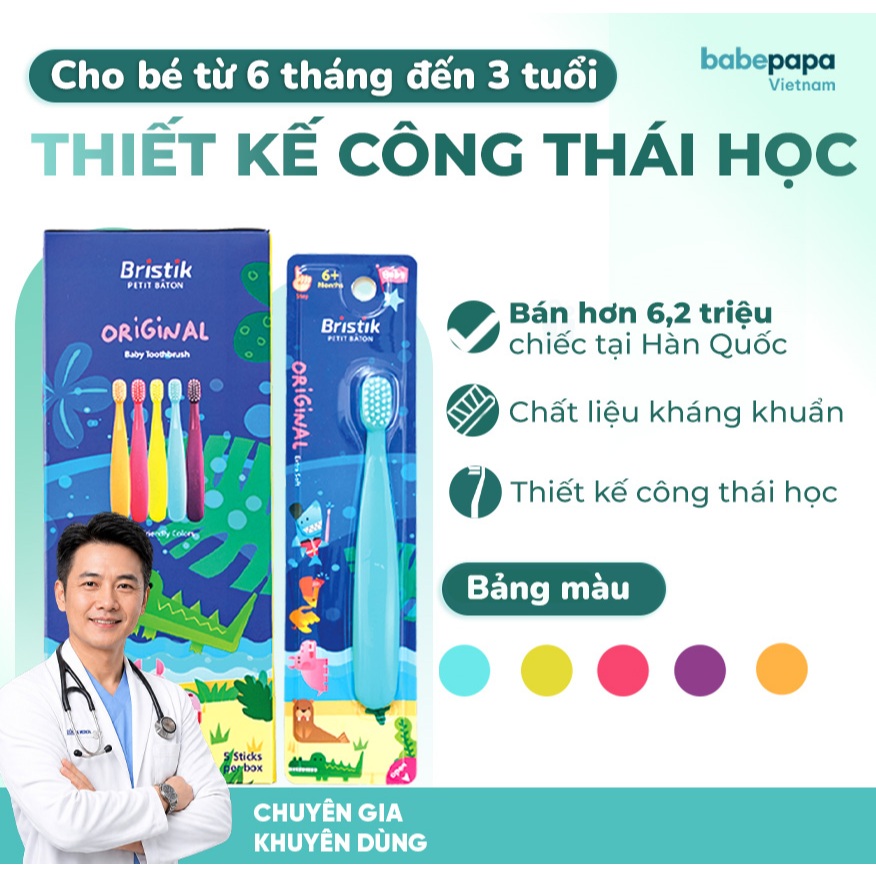 Bàn Chải Đánh Răng Cho Bé Bristik Step 1 Bàn Chải Lông Mềm Kháng Khuẩn Cho Bé 6-36 Tháng Babepapa