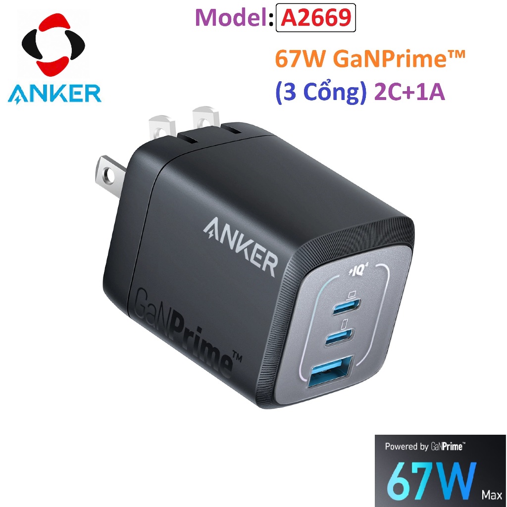 Củ Sạc Anker Prime 67W GaN Wall Charger A2669 3 Cổng 2 USB-C PD và 1 USB-A | IQ 4.0 PPS 2.0- Hàng Ch