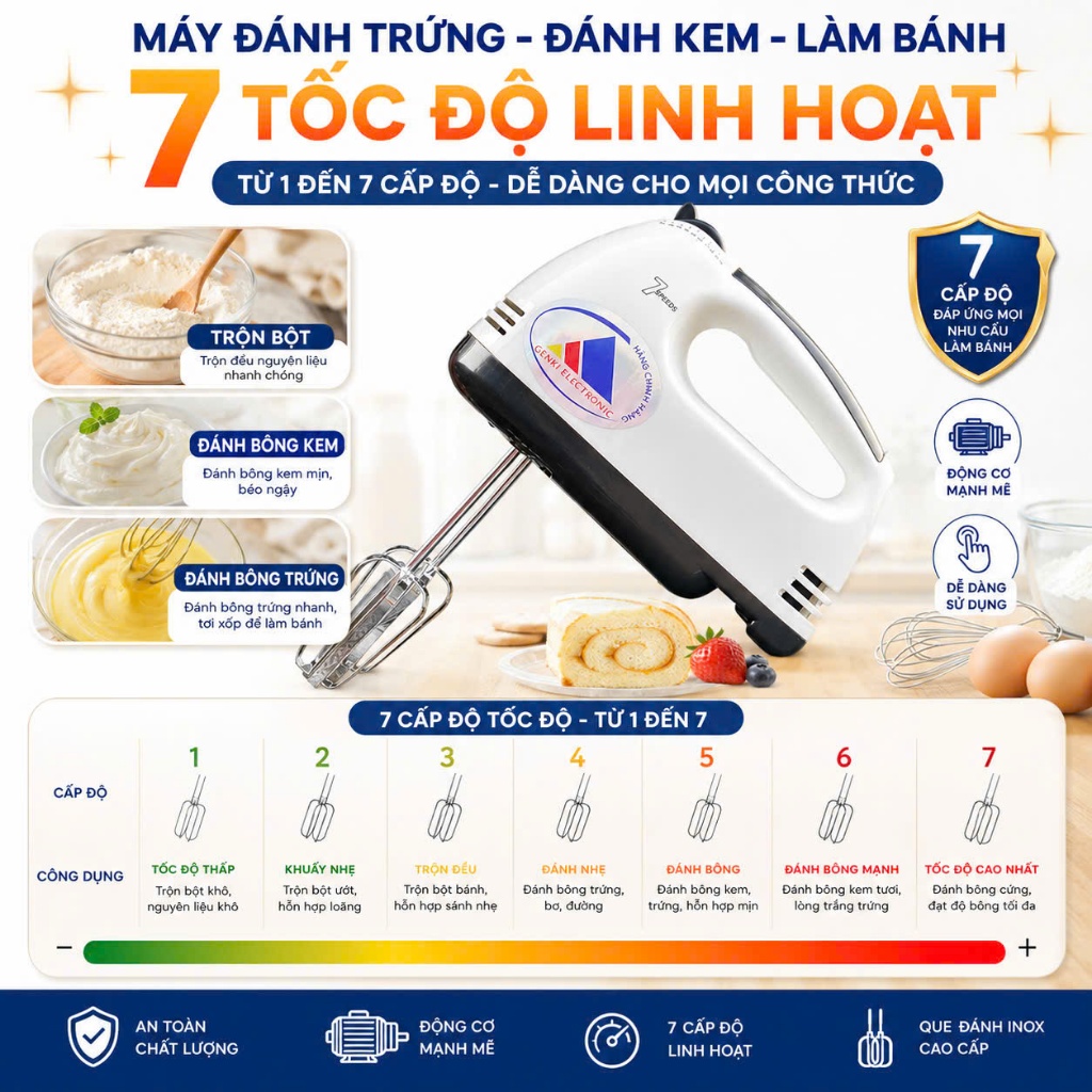 Máy Đánh Trứng Genki 7 Cấp Độ Đa Năng – Đánh Trứng, Đánh Kem, Nhào Bột – Hàng Chính Hãng, Bền Đẹp