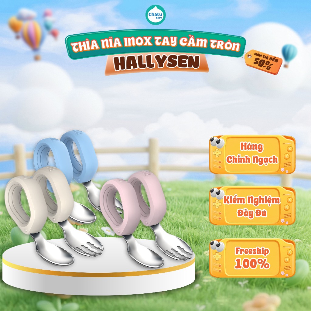 Bộ Thìa Nĩa Tập Ăn Inox HALLYSEN Tay Cầm Tròn Chất liệu Silicone, Dễ Cầm Nắm…