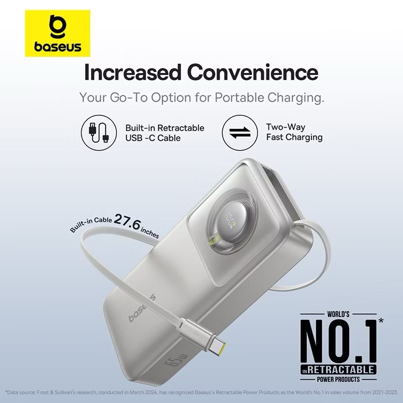 Pin dự phòng Baseus 20000mAh sạc nhanh 65W, liền cáp rút Type-C
