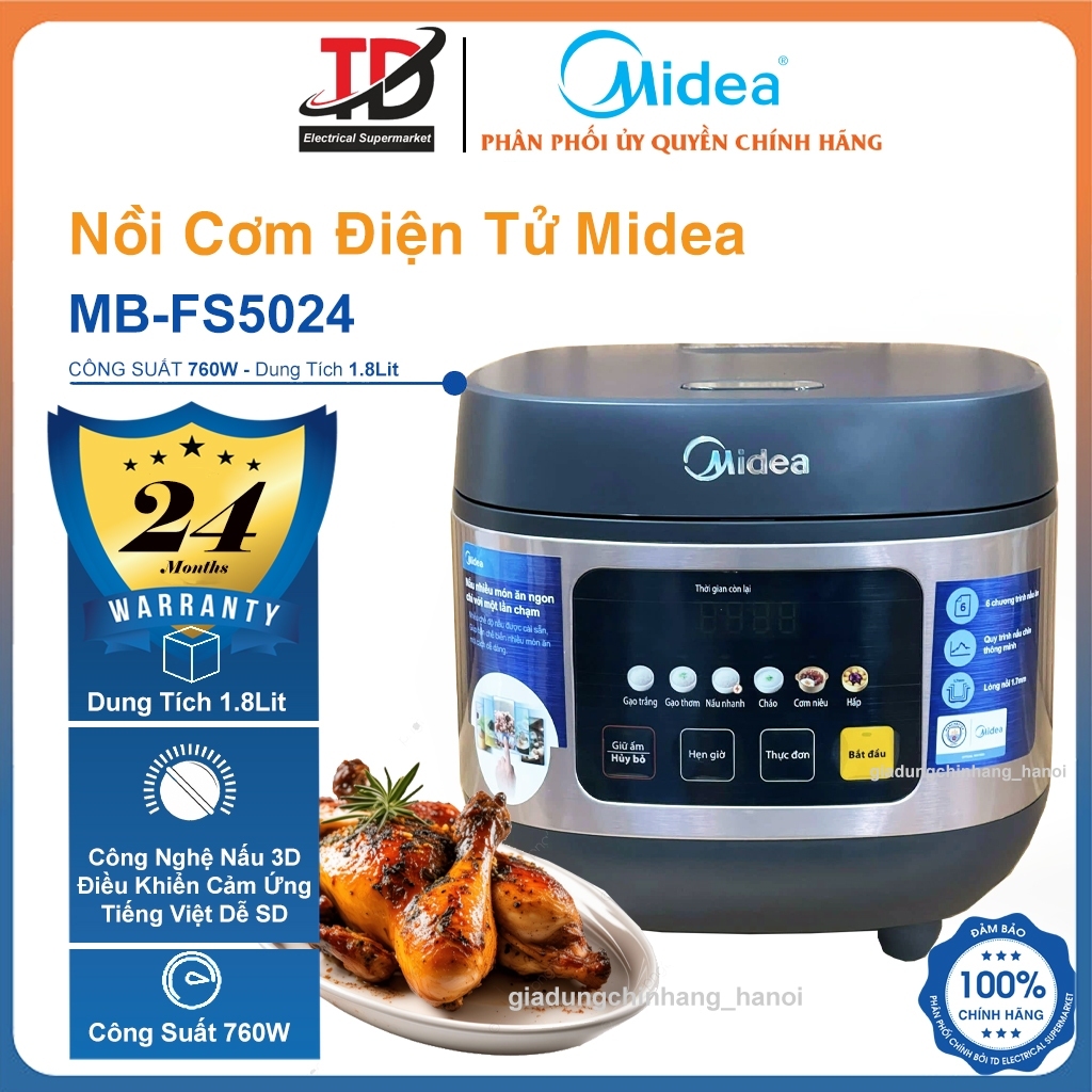 Nồi Cơm Điện Tử Midea MB-FS5024, 1.8Lit - 760w, Lòng Nồi Dầy Dặn, Hàng Chính Hãng