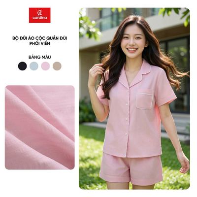 Bộ mặc nhà nữ CARDINA chất liệu đũi áo cộc quần đùi phối viền 6PCN01