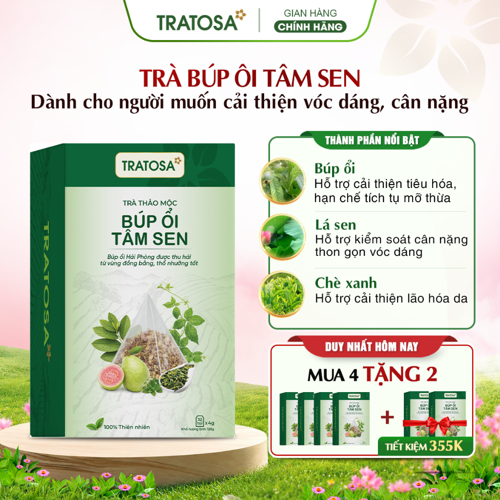 Trà búp ổi tâm sen TRATOSA 8 vị thảo mộc quý hộp 32 túi lọc, thon gọn vóc dáng, an toàn và lành tính