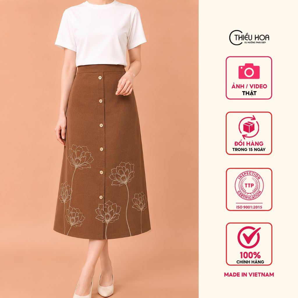 Chân váy nữ trung niên đũi pha linen,với thiết kế thanh nhã nhẹ nhàng thương hiệu Thiều Hoa CV5X1132