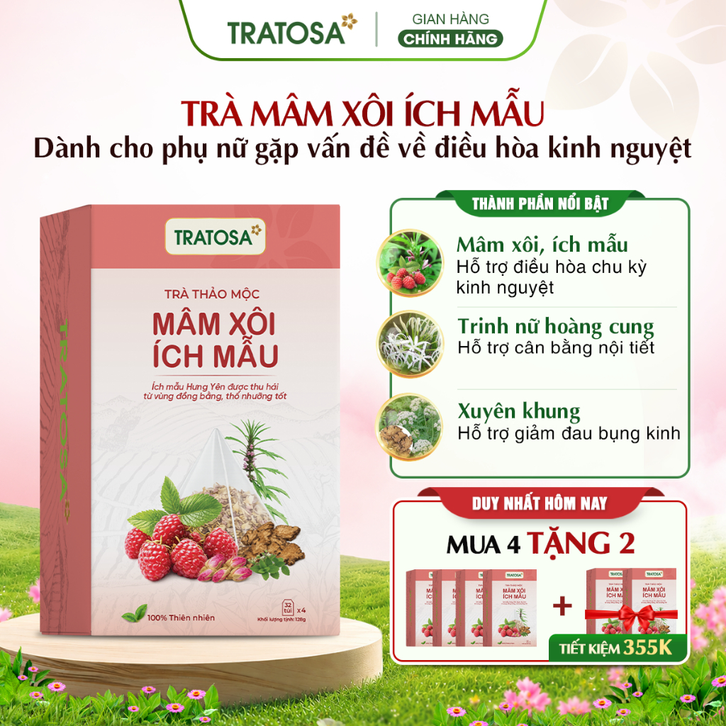 Trà mâm xôi ích mẫu TRATOSA 10 vị thảo mộc tốt cho điều hòa kinh nguyệt, bổ khí huyết, IVF, UIU an t