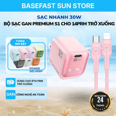 Bộ Sạc Nhanh Basefast GaN 30W cho Thiết bị 8-14prm Kèm Cáp Silicone Type C to LN