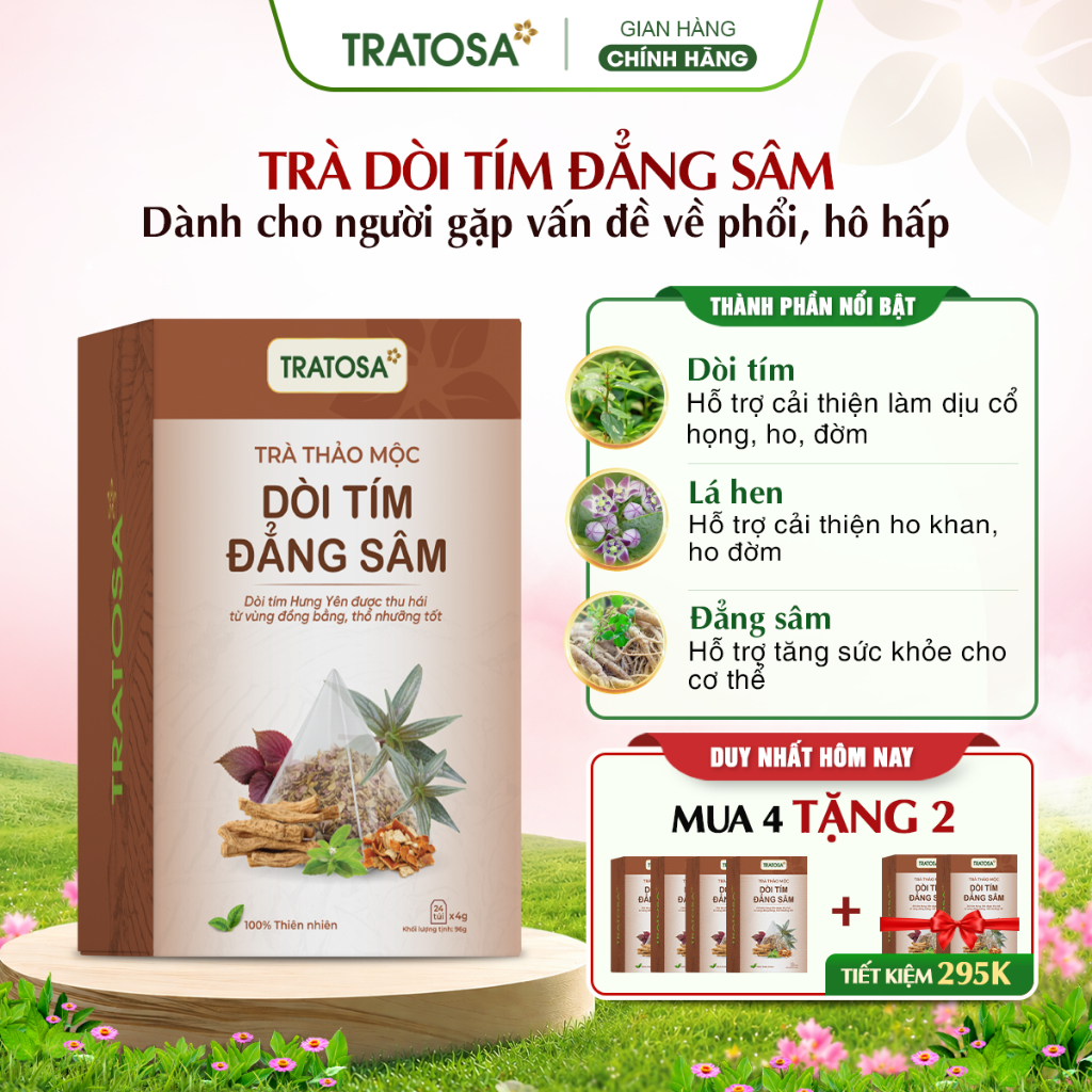 Trà dòi tím đẳng sâm TRATOSA 7 vị tốt cho phổi, giảm ho, đau họng, hệ hô hấp an toàn từ thiên nhiên