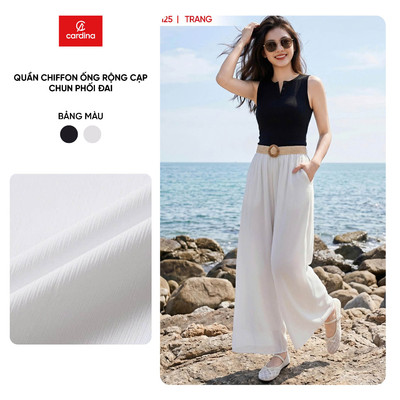 Quần ống rộng nữ CARDINA chất liệu chiffon cạp chun phối đai 6QDR01
