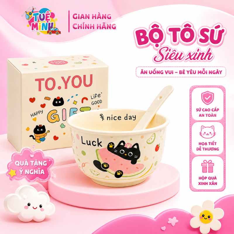 Bộ Tô Sứ Kèm Thìa Cho Bé Họa Tiết Mèo Dễ Thương - Bát Ăn Cơm, Ăn Dặm Gốm Sứ Cao Cấp Kèm Hộp Quà