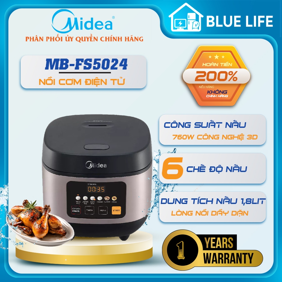 Nồi Cơm Điện Tử Midea MB-FS5024 – 1.8 Lít, 760W, Giữ Ấm Lâu, Lòng Nồi Dày 3mm, Hàng Chính Hãng