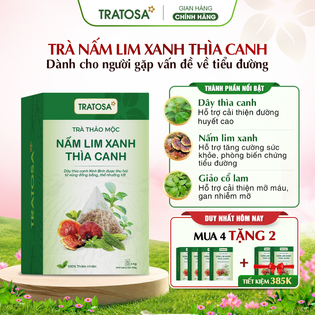 Trà nấm lim xanh thìa canh Ninh Bình TRATOSA 10 vị thảo mộc tốt cho đường huyết, an toàn và lành tín