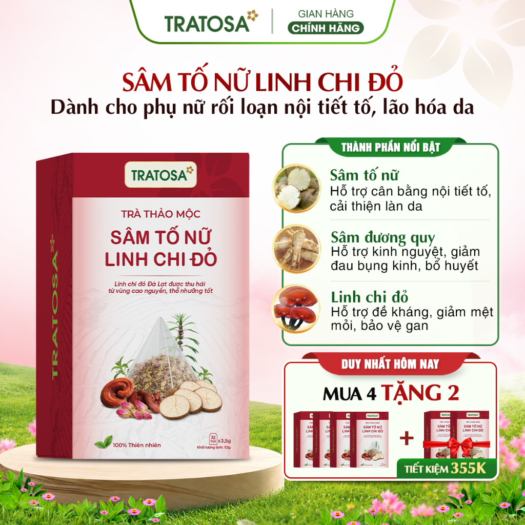 Trà sâm tố nữ linh chi đỏ TRATOSA trà thảo mộc hỗ trợ giảm đau bụng kinh, cân bằng nội tiết, cải thi