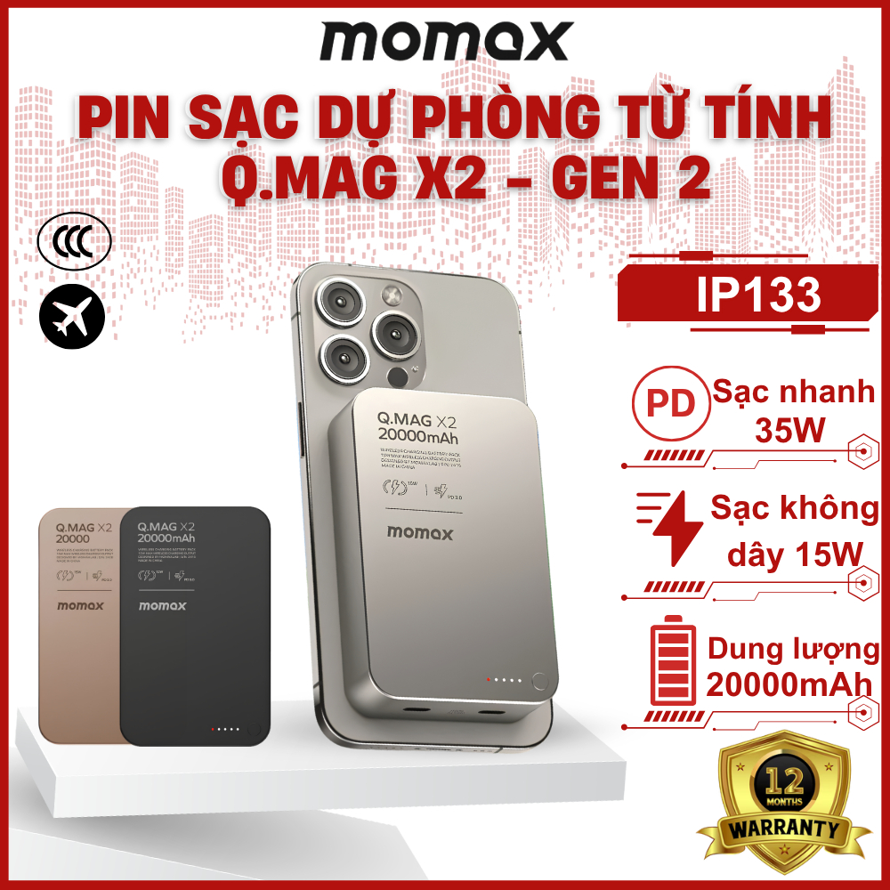 Sạc Dự Phòng 20.000mAh Không Dây Từ Tính MOMAX Q.Mag X2 PD 20W | Qi2 15W | BH12 tháng | IP133