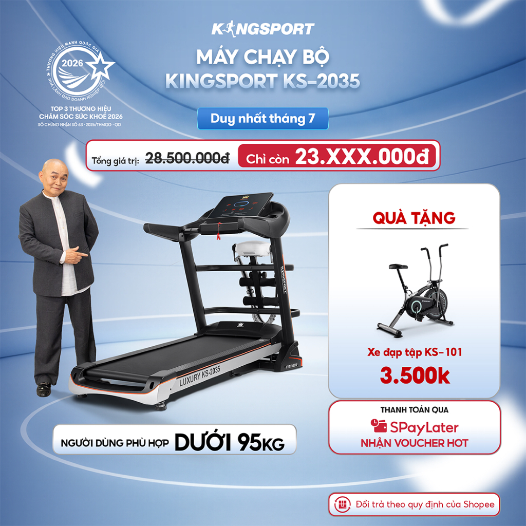Máy chạy bộ KINGSPORT KS-2035 đa năng, thao tác phím cảm ứng, thiết kế sang trọng cứng cáp