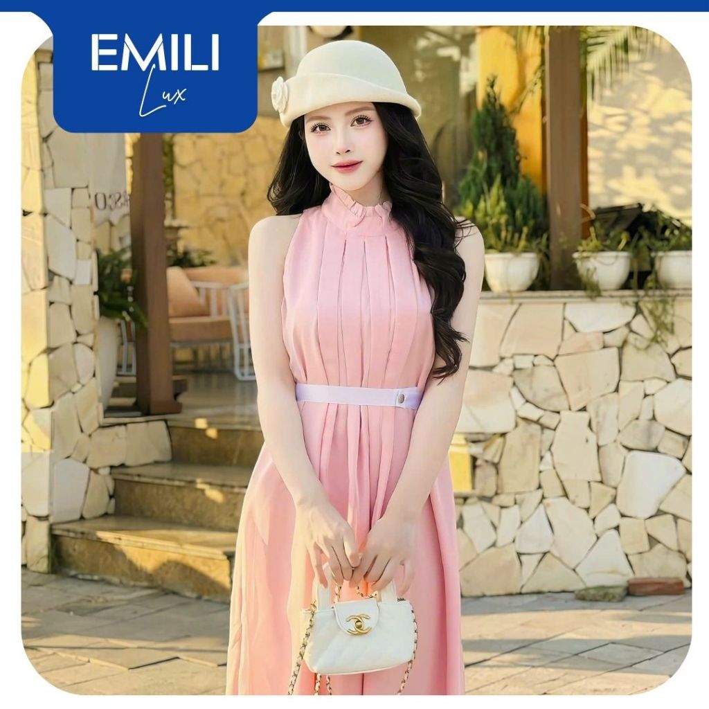 Đầm cổ yếm dáng dài chiết eo kèm thắt lưng Emili Lux váy tiểu thư voan tơ thướt tha đi tiệc [V558]