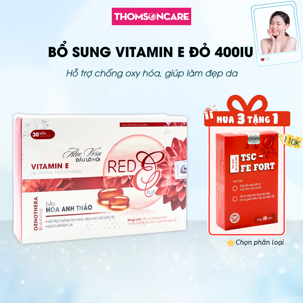 Bổ sung vitamin E đỏ 400IU giúp làm đẹp da thêm dầu hoa anh thảo, chiết xuất lựu - Hộp 30 viên RED E