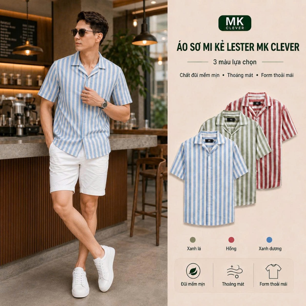 Áo Sơ Mi Nam kẻ sọc Lester MK CLEVER Chất Đũi thô, thoáng mát, chống nhăn, form rộng hằng ngày